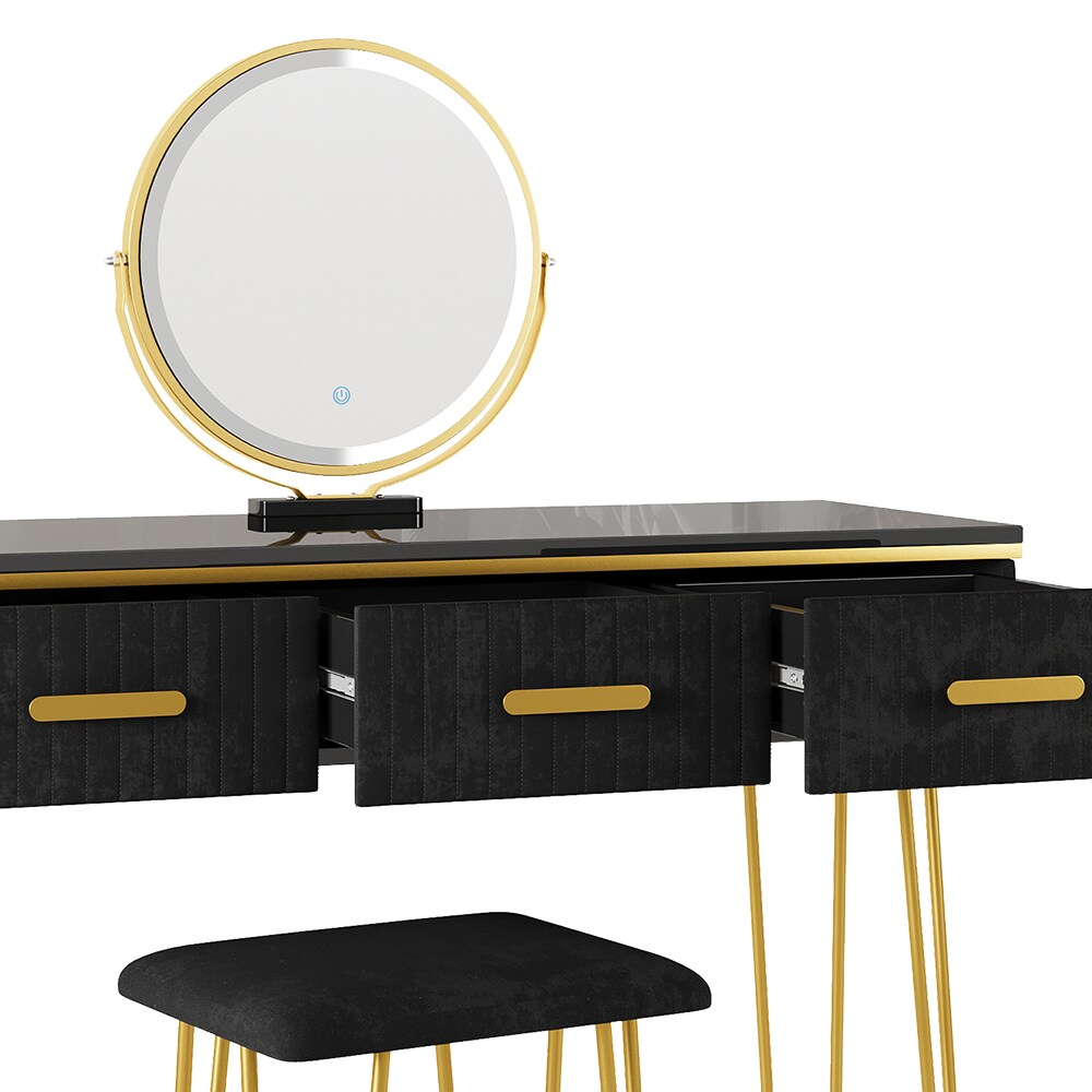 Vicco Schminktisch Layla 100x40cm, Schwarz, Frisiertisch mit LED-Spiegel & Hocker