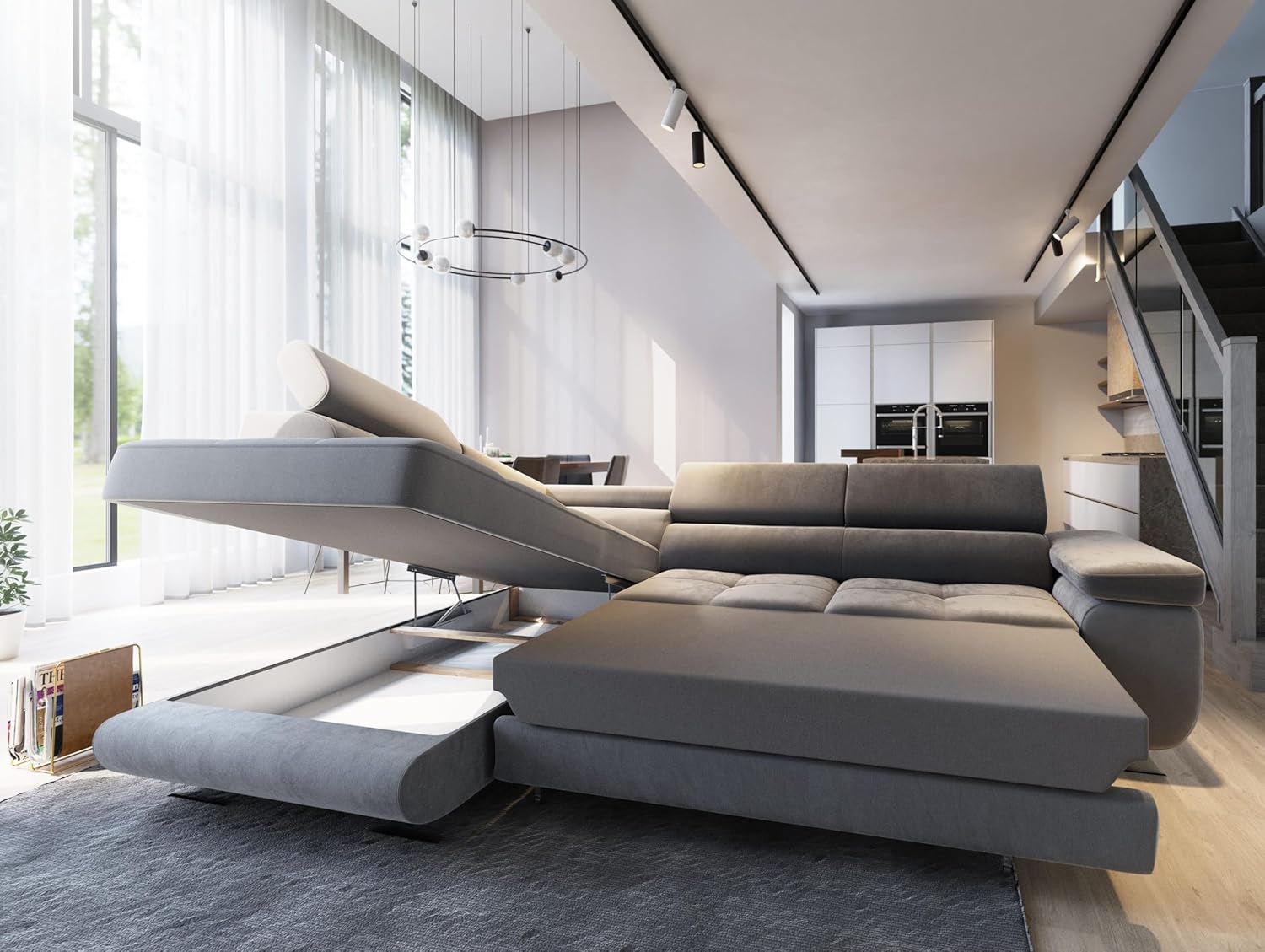 Masseno Ecksofa Selva L-S mit Schlaffunktion L-Form, Glamour Sofa mit Bettkasten, Wohnzimmersofa, Couch, Soffa, Bettsofa, Couchgarnitur - Grau, Monolith 85
