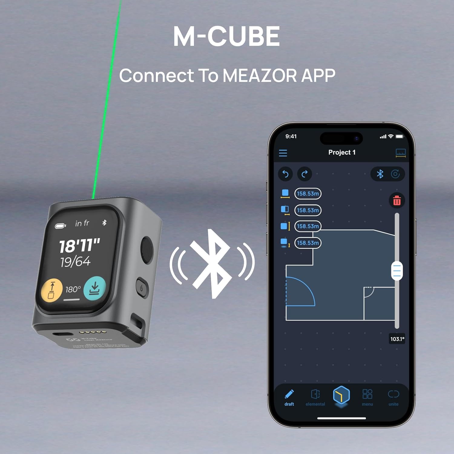 HOZO M-Cube Laser-Entfernungsmesser Grünstrahl, 50m Reichweite, ±1,5mm Genauigkeit, Kompakt, Wiederaufladbar, Grüner Laser für Außen, Flächen-/Volumen-/Pythagoras-Messung, LCD-Display, Bluetooth-App