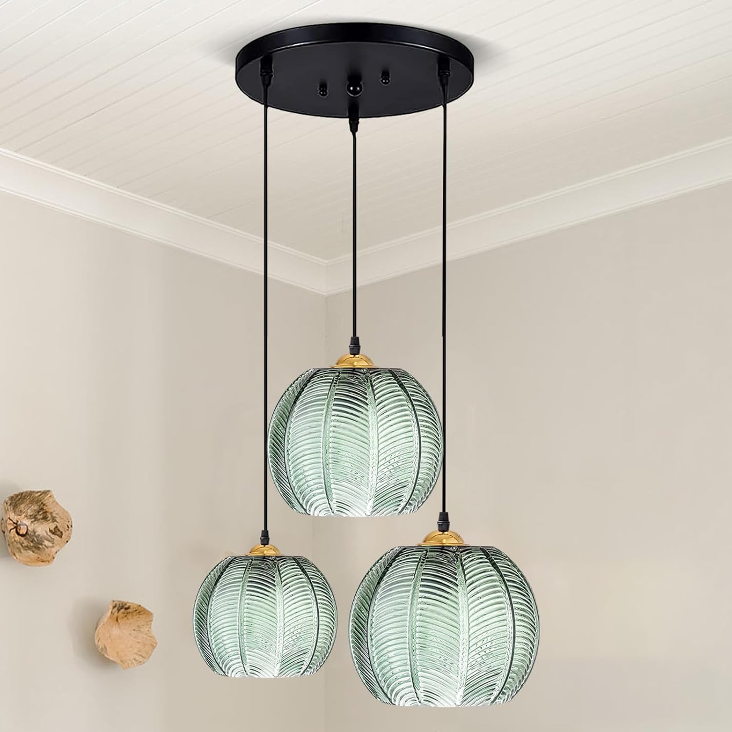 Hängelampe 3 Flammig, Pendelleuchte mit Grünem Glas Lampenschirm Modern für Wohnzimmer Schlafzimmer Esstisch (3 Light)