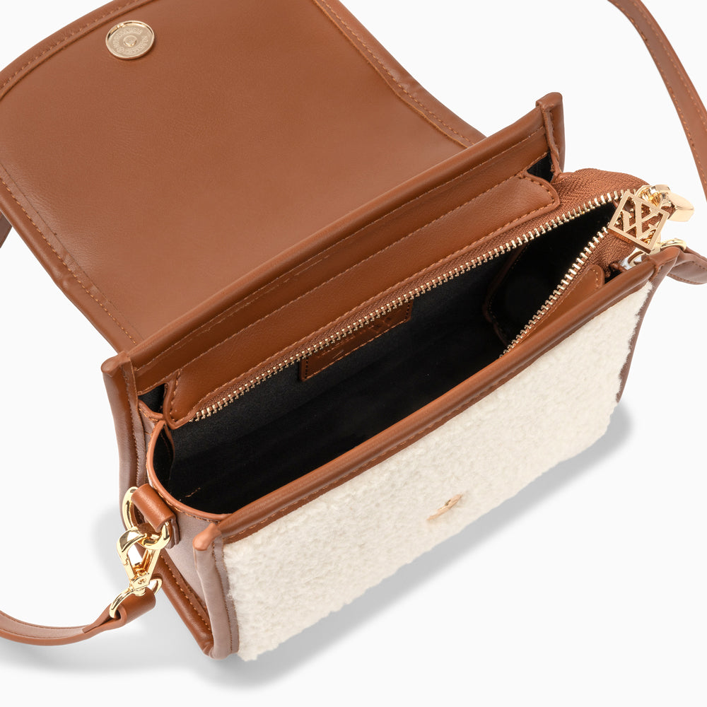 Sacs-Mini sac à main Victoria ivoire et camel en faux shearling
