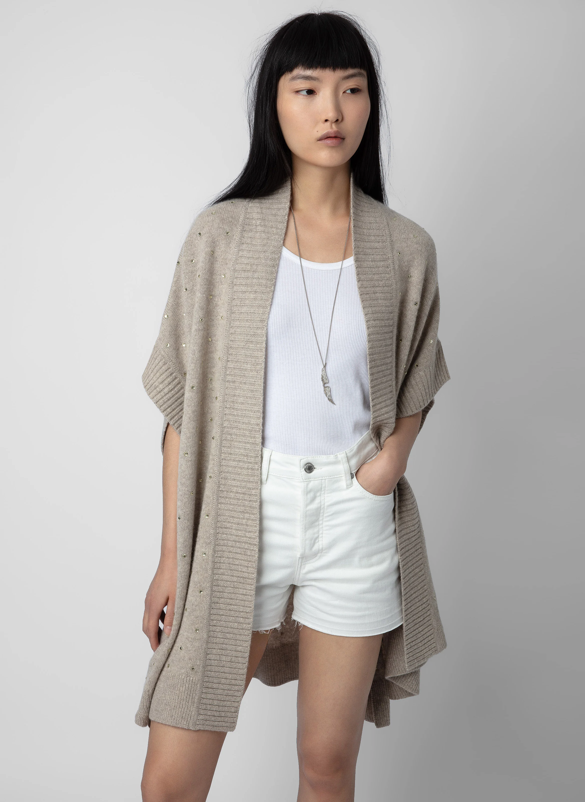 INDIANY - Gilet mi-long à strass en cachemire| Marron