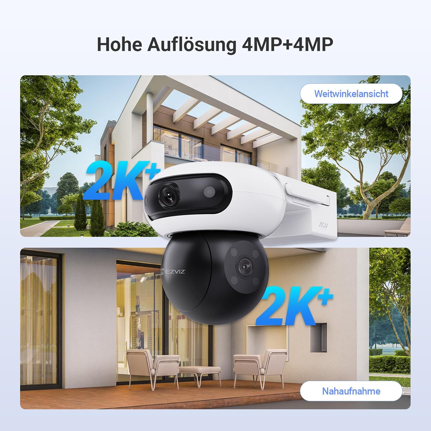 EZVIZ 4MP+4MP WLAN Überwachungskamera Aussen Akku Solar, Pan&Tilt Dual-Objektiv, 10400mAh Batterie, Auto-Tracking, Farbnachtsicht, Personen-/Fahrzeugerkennung, 2-Wege-Audio, CB90 Dual + 8W Solarpanel