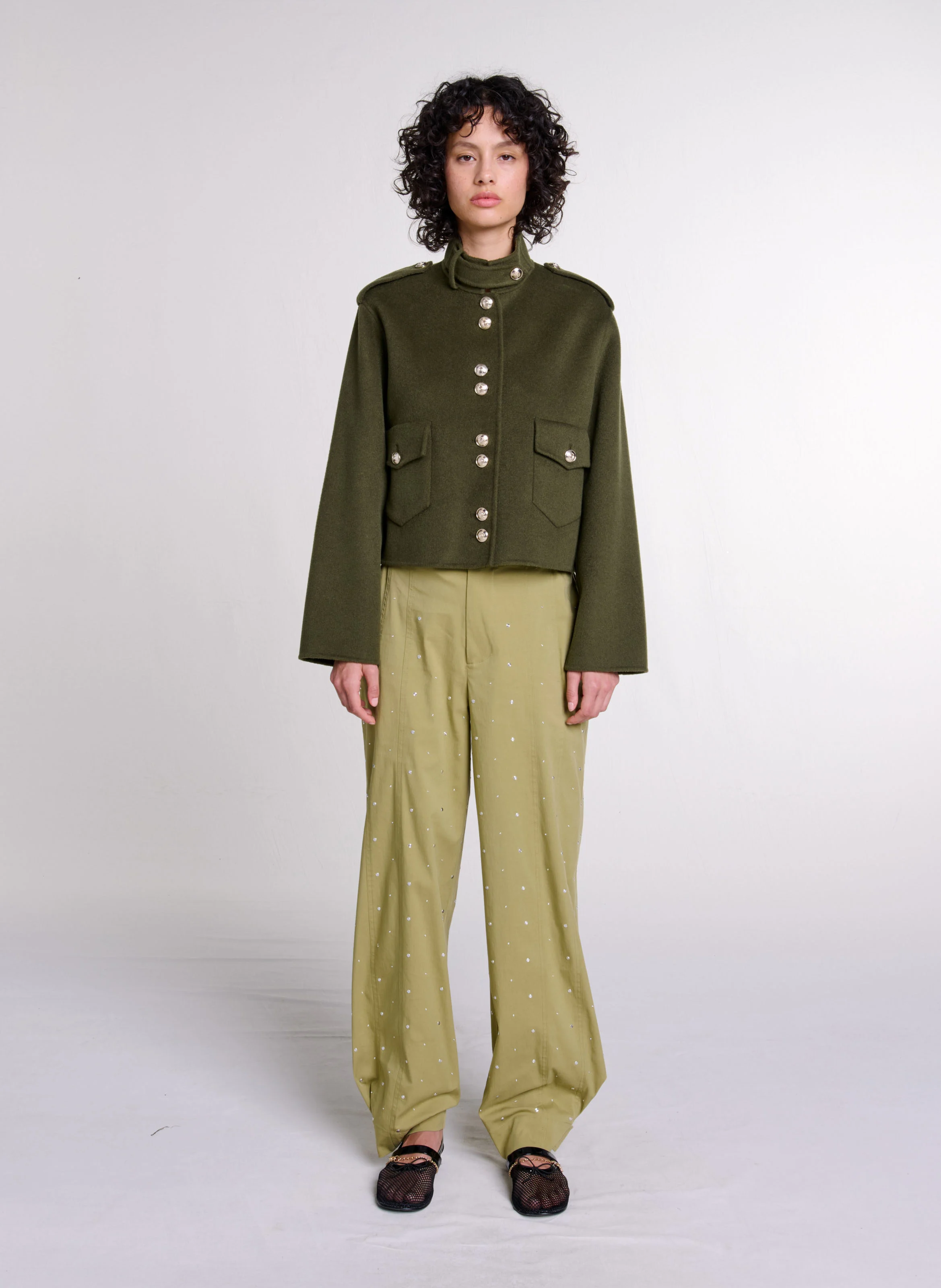 Veste courte col officier en laine feutré | Kaki