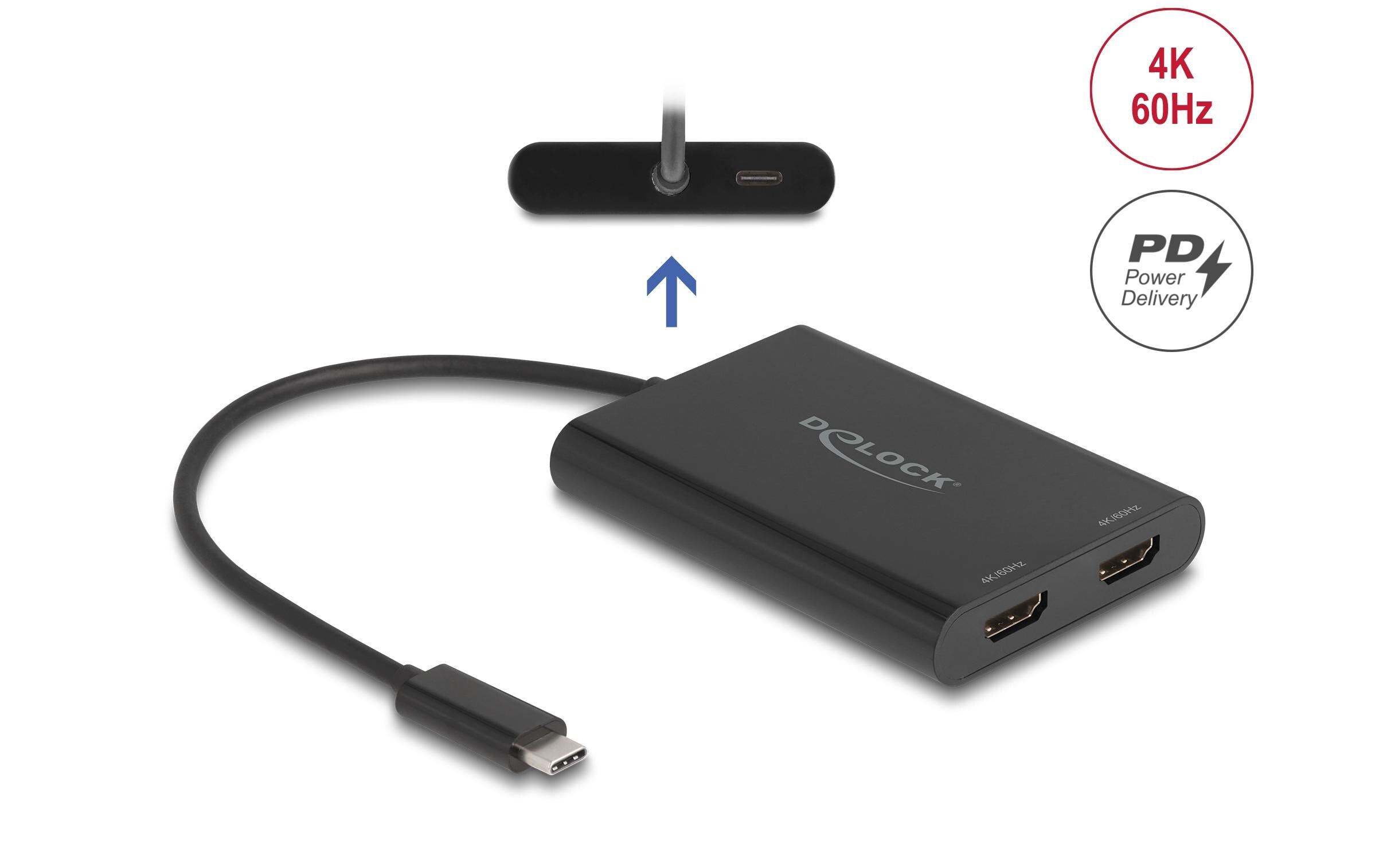 Multiadapter USB-C zu 2 x HDMI 4K 60Hz Schwarz<br>Delock Adapter USB Type-C zu 2 x HDMI 4K 60 Hz mit DisplayLink Grafik und USB PD