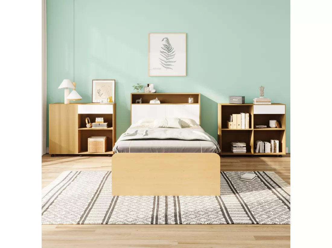 Ensemble lit enfant 90 x 200 cm avec 4 tiroirs et 2 armoires à roulettes - MDF + panneaux de particules - coloris blanc + chêne clair