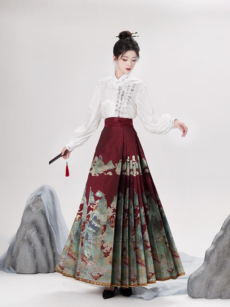 Keiko Girl - Traditioneel Chinees shirt met lange mouwen en print / geplooide rok met hoge taille