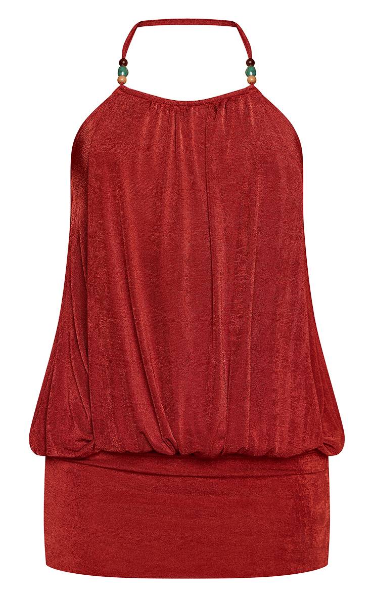Rouille Mini Robe En Acétate Slinky Avec Détail De Perles Et Effet Drapé