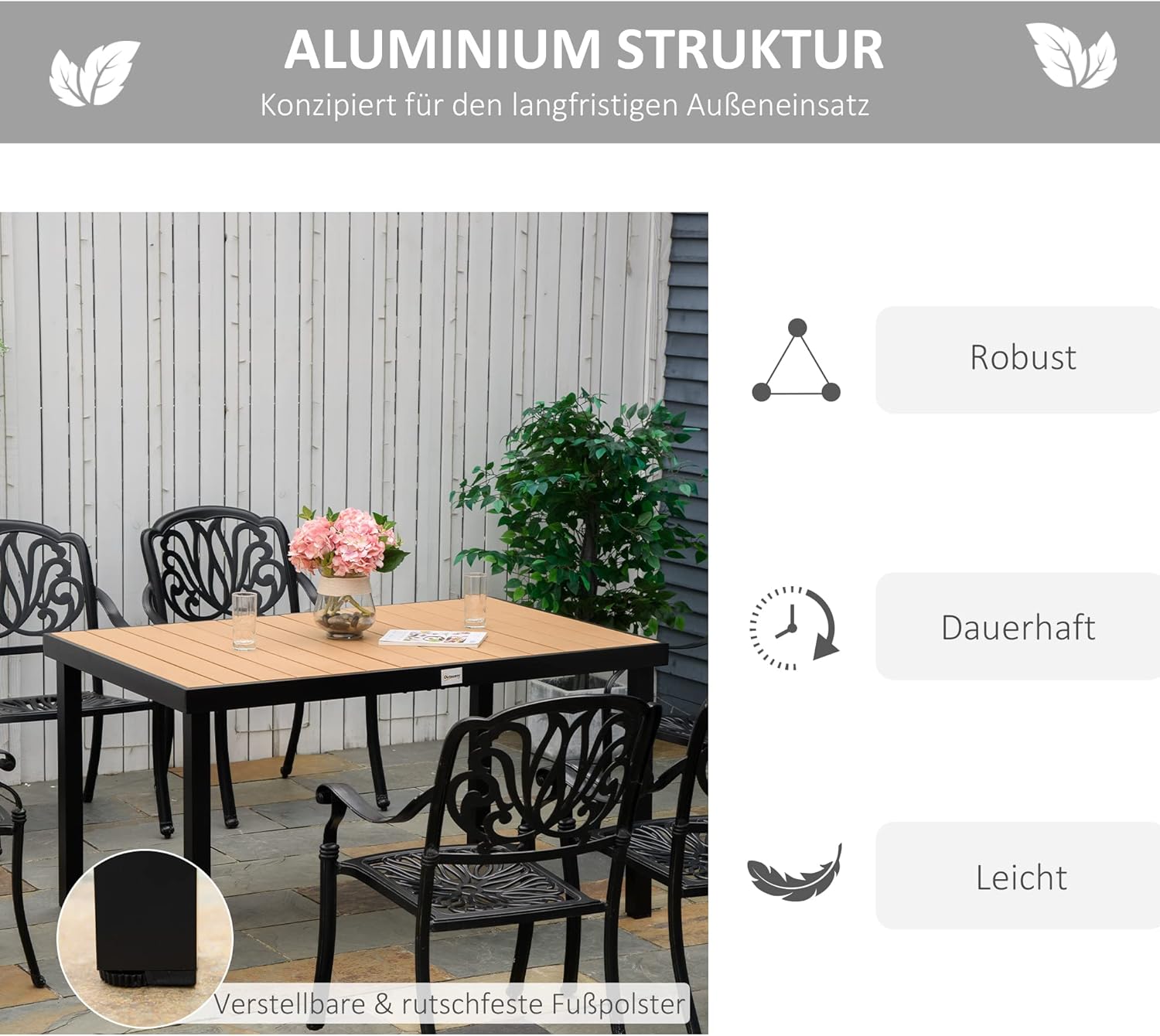 Outsunny Gartentisch für 6 Personen Esstisch Aluminiumtisch Gartenmöbel Loungemöbel pflegeleicht Kunststoff Natur+Schwarz 140 x 90 x 74 cm