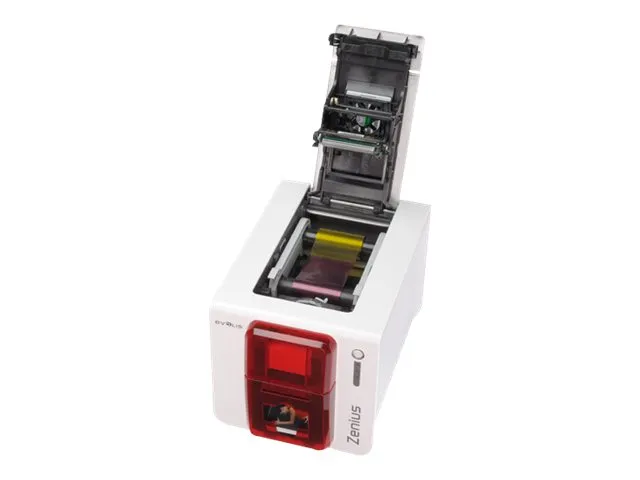 Evolis Zenius Expert Line - Plastikkortprinter - farve - blæksubliminering/termisk transfer - CR-80 Card (85.6 x 54 mm) - 300 dpi - op til 500 kort/time (mono) / op til 150 kort/time (farve) - kapacitet: 50 kort - USB, LAN - ildrød