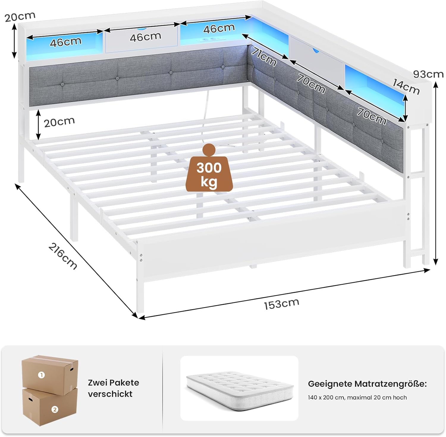 AOGLLATI Polsterbett Schlafsofa 140x200 mit 6 Staufächern Jugendbett 140x200 mit LED-Beleuchtung Tagesbett mit Steckdosen Gästebett Bettgestell mit Lattenrost aus Metall, Ohne Matratze (Weiß)