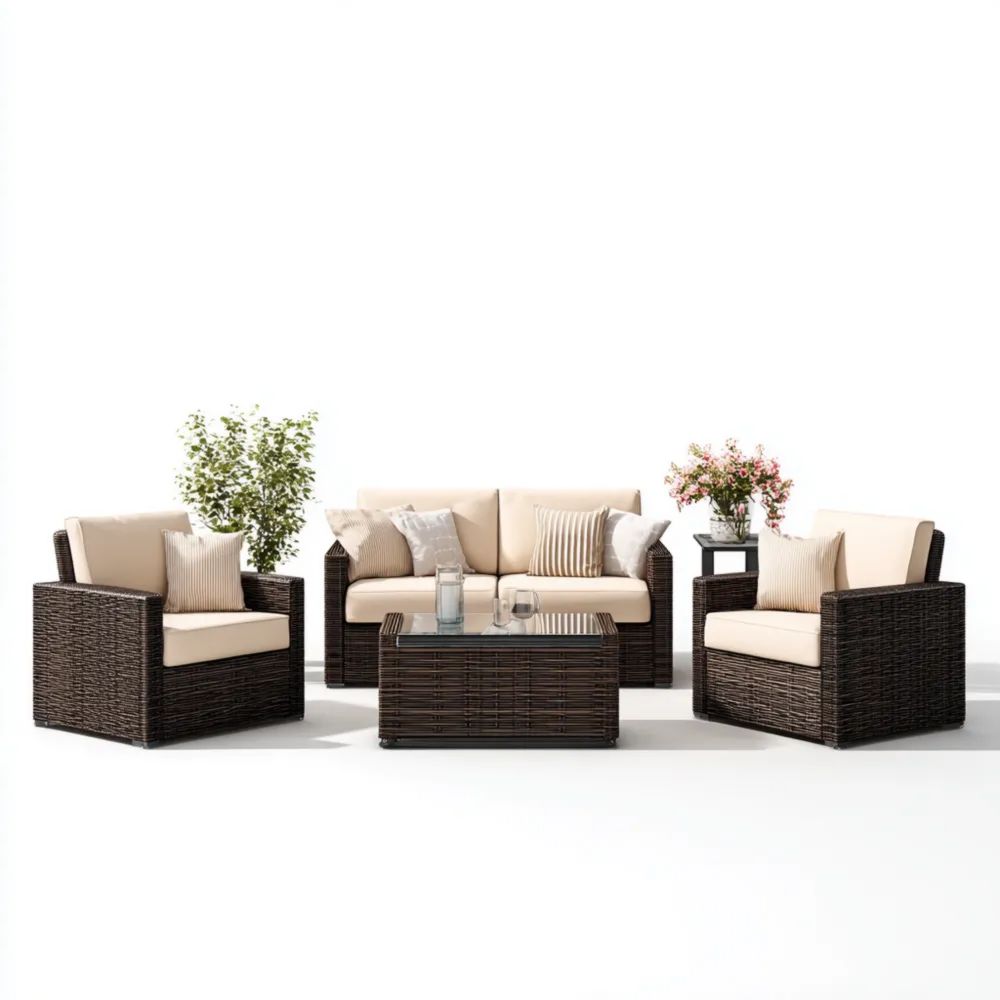 Garten Sitzgruppe Rattan 120cm x 75cm x 78cm mit Kissen – Dunkelbraun/