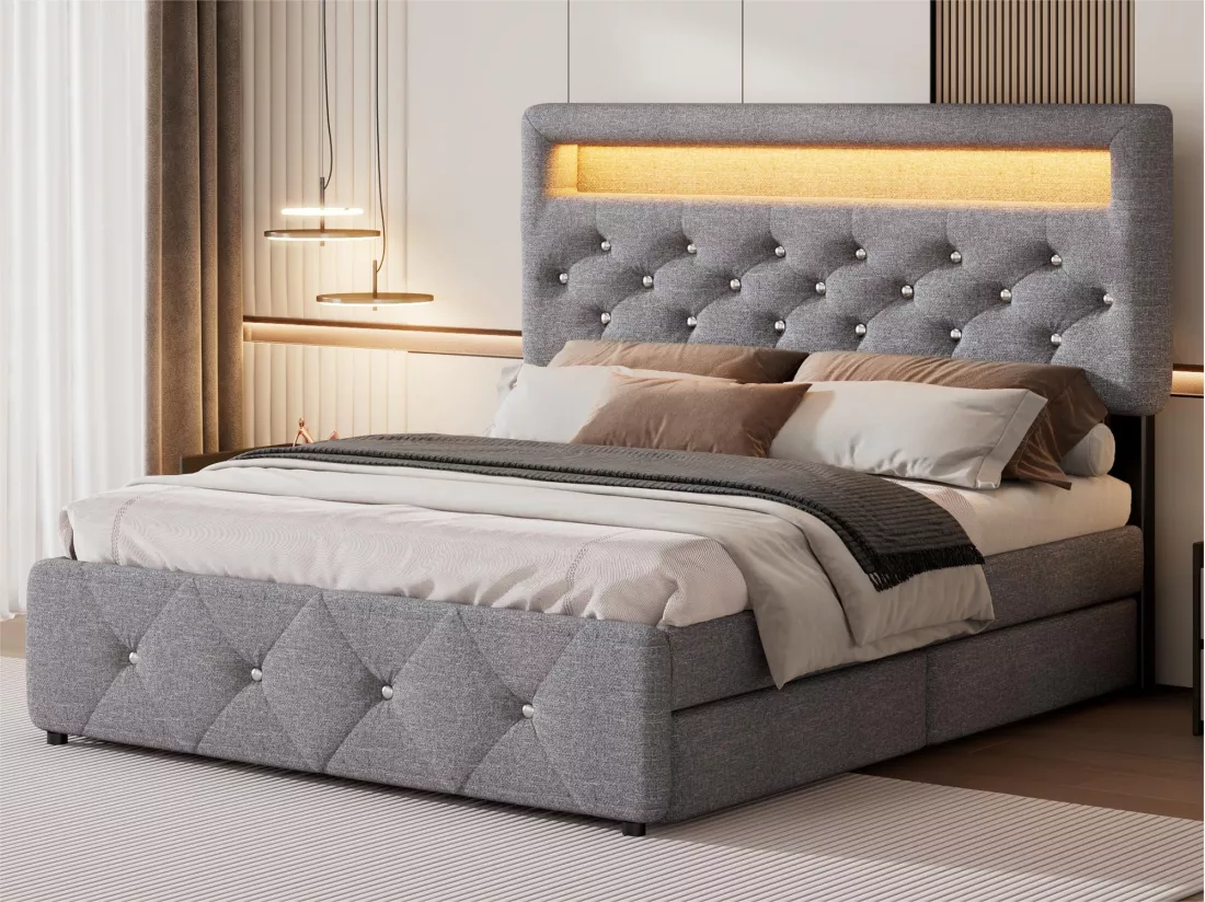 Lit adulte rembourré 140x200cm avec LED - avec un lit gigogne et 2 tiroirs - Tissu en Lin - Gris