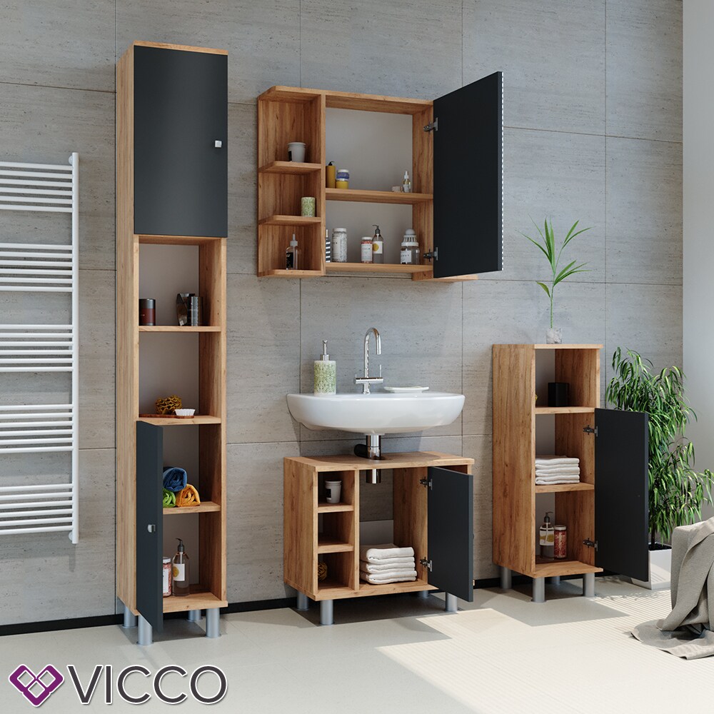 VICCO Spiegelschrank FYNN 80 x 64 Eiche Anthrazit Spiegel Badspiegel Wandspiegel