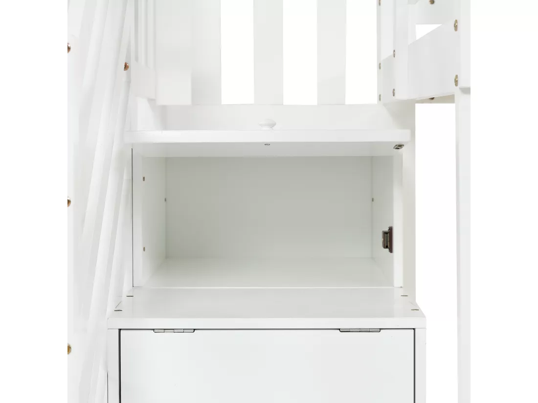 Lit superposé 90x200cm en bois - avec escalier de rangement - Blanc