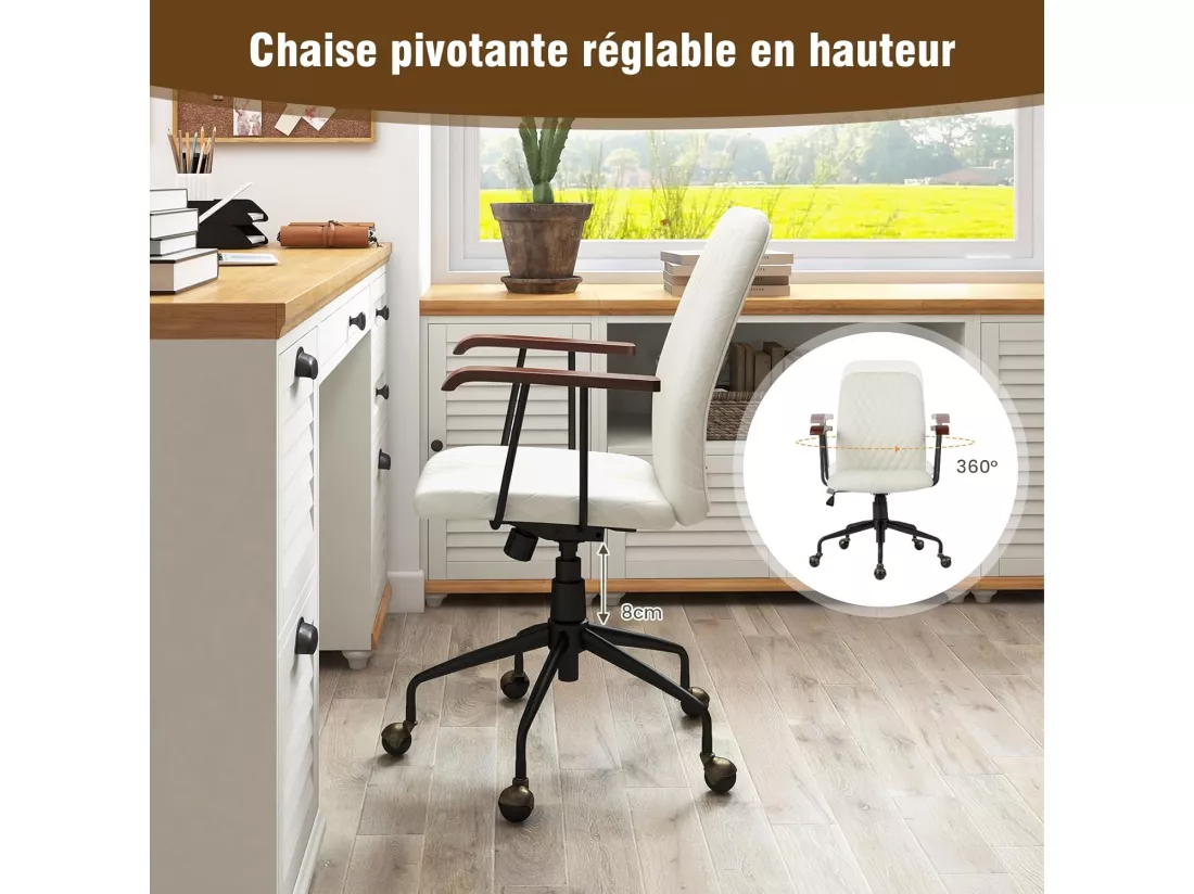 Fauteuil de Bureau à Roulette en Velours, Chaise Pivotante Réglable,Style Vintage Elégant,Accoudoirs en Bois de Caoutchouc (Beige)