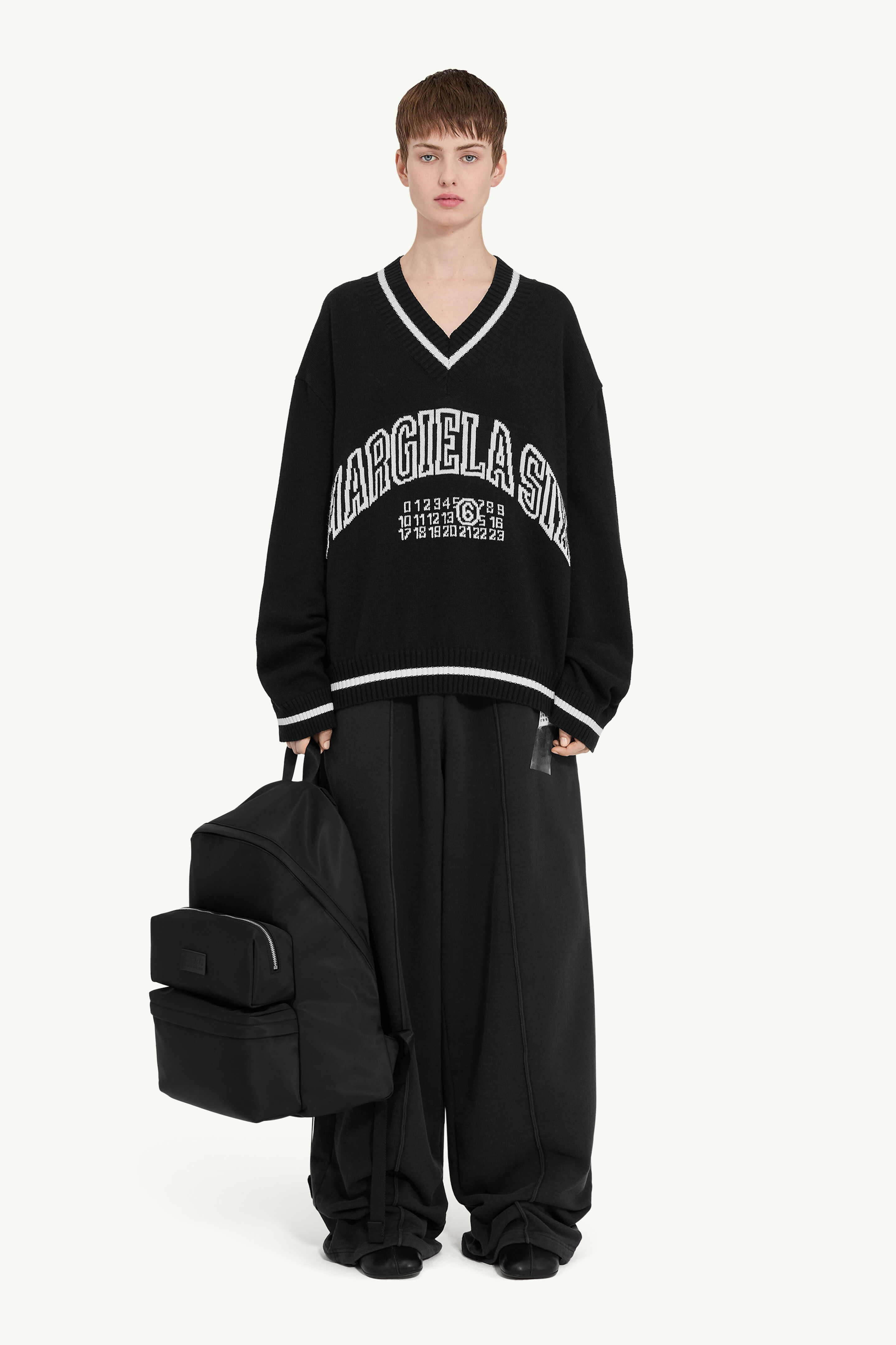 Black Cotton V-Neck Varsity Jumper