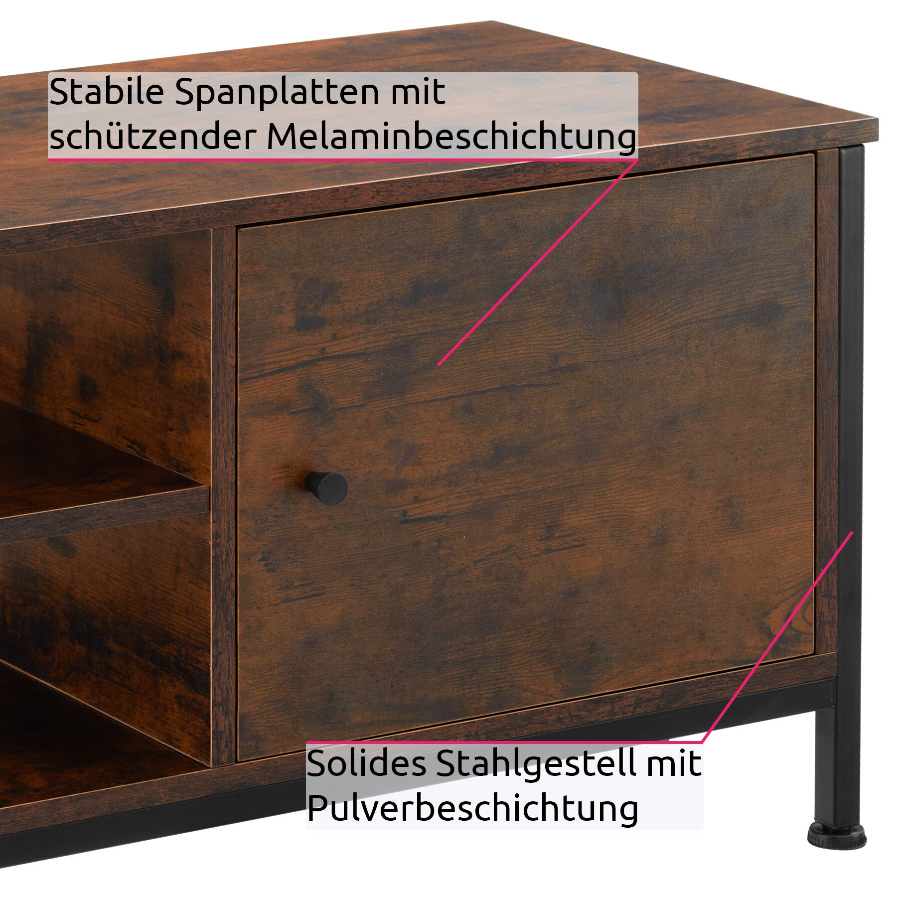 tectake® TV-Regal, Industrial Style, 2 offene Fächer, Staufach mit Magnettür, 110 x 40 x 45,5 cm