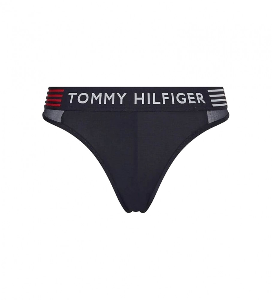 Calcinha fio dental Tommy Hilfiger Stretch com estampa em blocos de cor azul marinho.