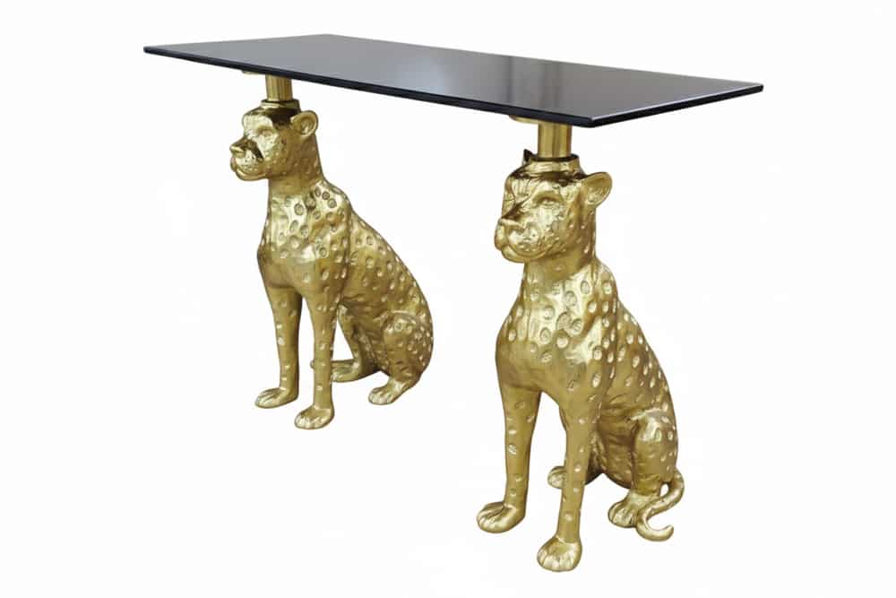Freistehender Konsolentisch PANTHER 115cm gold Metall mit Marmor-Platte handmade