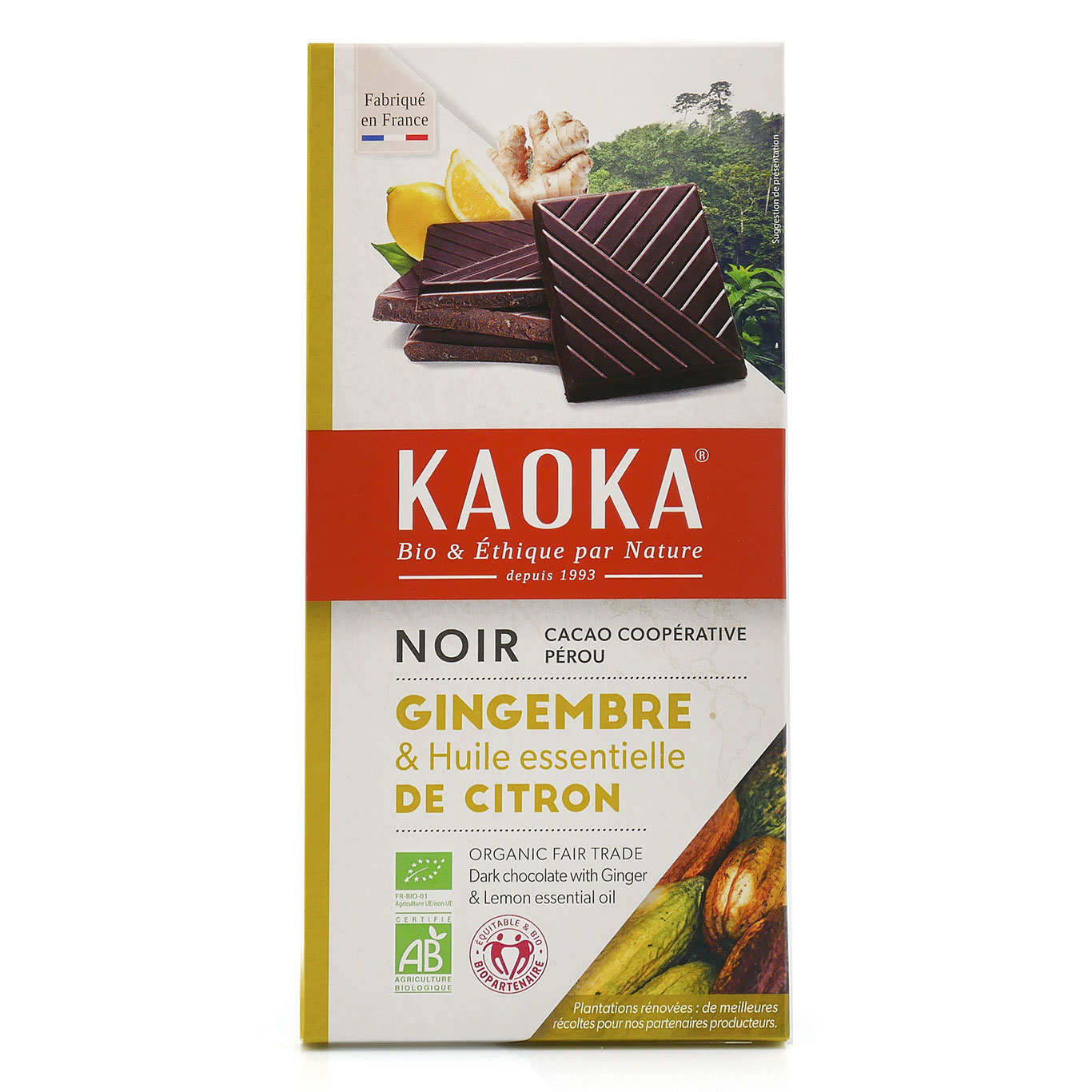 Tablette de chocolat noir 58% au citron et gingembre bio