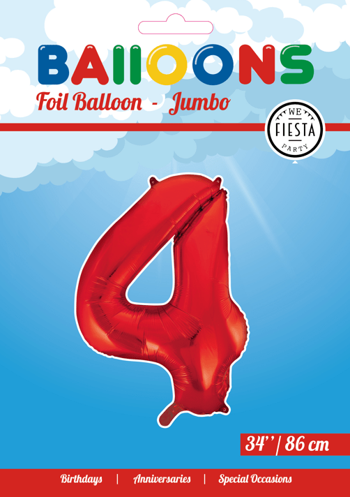 Folie Ballon Cijfer 4 Rood XL 86cm leeg