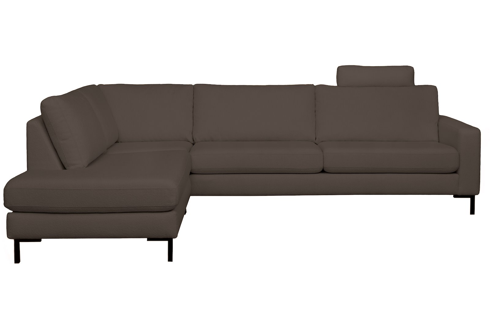 Pixel hjørnesofa 3-seter med åpen ende venstre. I tekstil Niva BP07-03 Grey. Høy front, sorte stålben M01 og arm A15. Komfort 1.