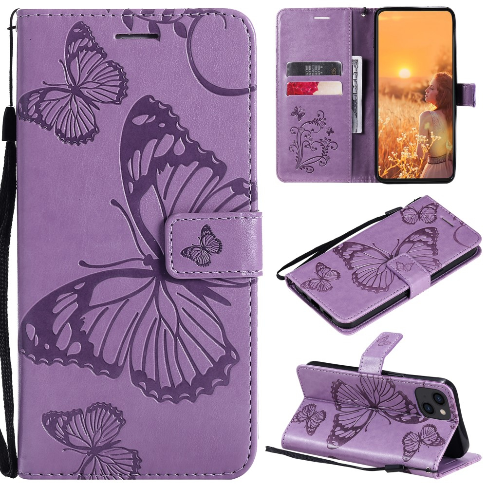 iPhone 13 Leder Tasche mit Kartenfach   Handschlaufe Schmetterling - Lila
