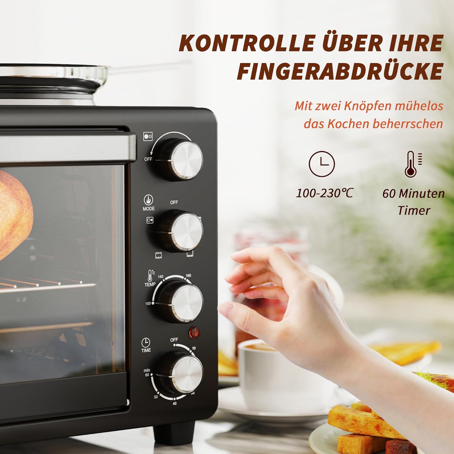 HOMCOM Minibackofen 28 L 2600W 100-230℃ Pizzaofen mit 60 Min. Timer, Grillrost 2 Kochplatten, Backblech, Mini Backofen mit Tablettgriff, Krümelblech, Schwarz