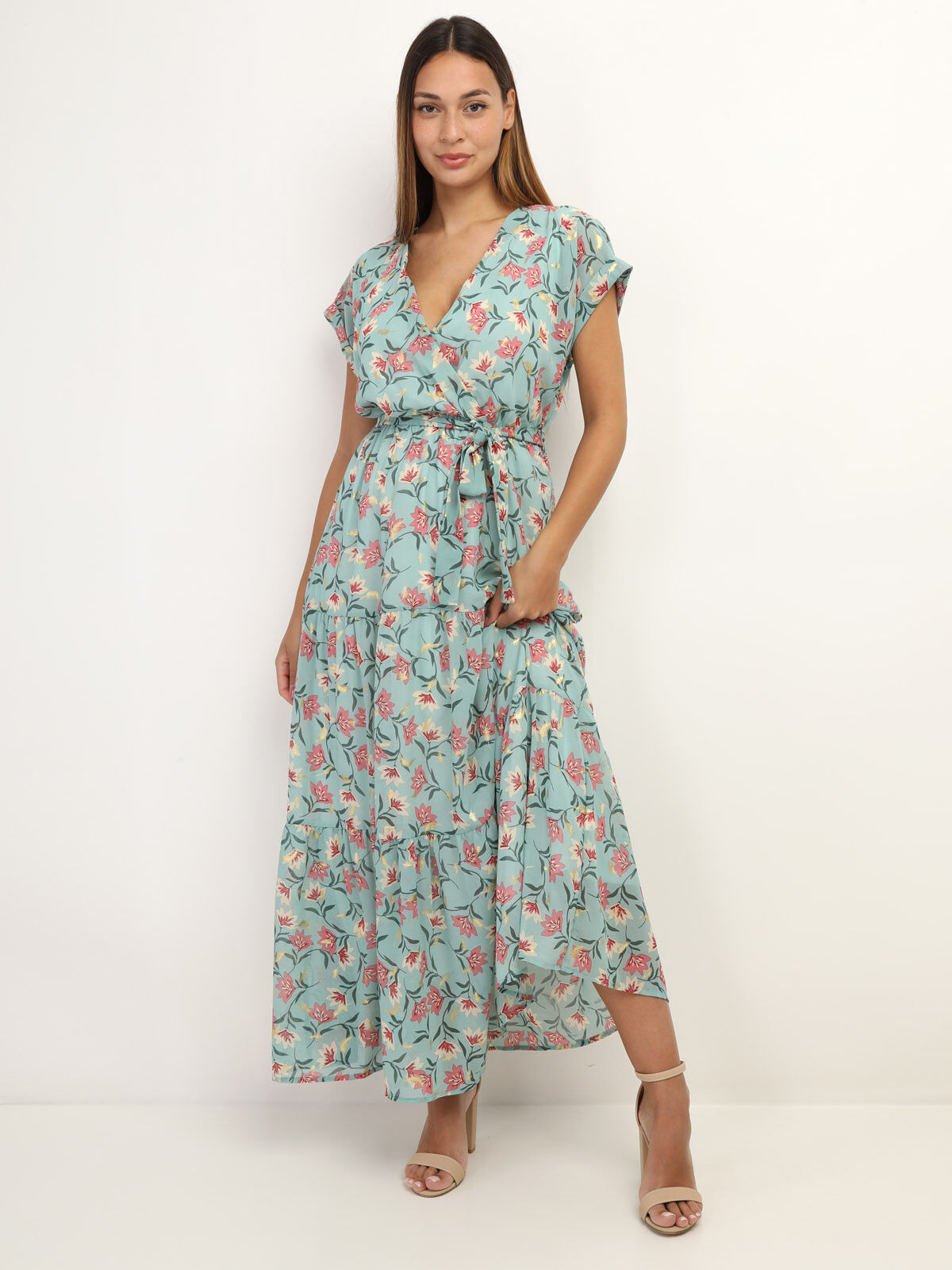 Robe cache cœur à fleurs et feuilles dorées- Vert sauge