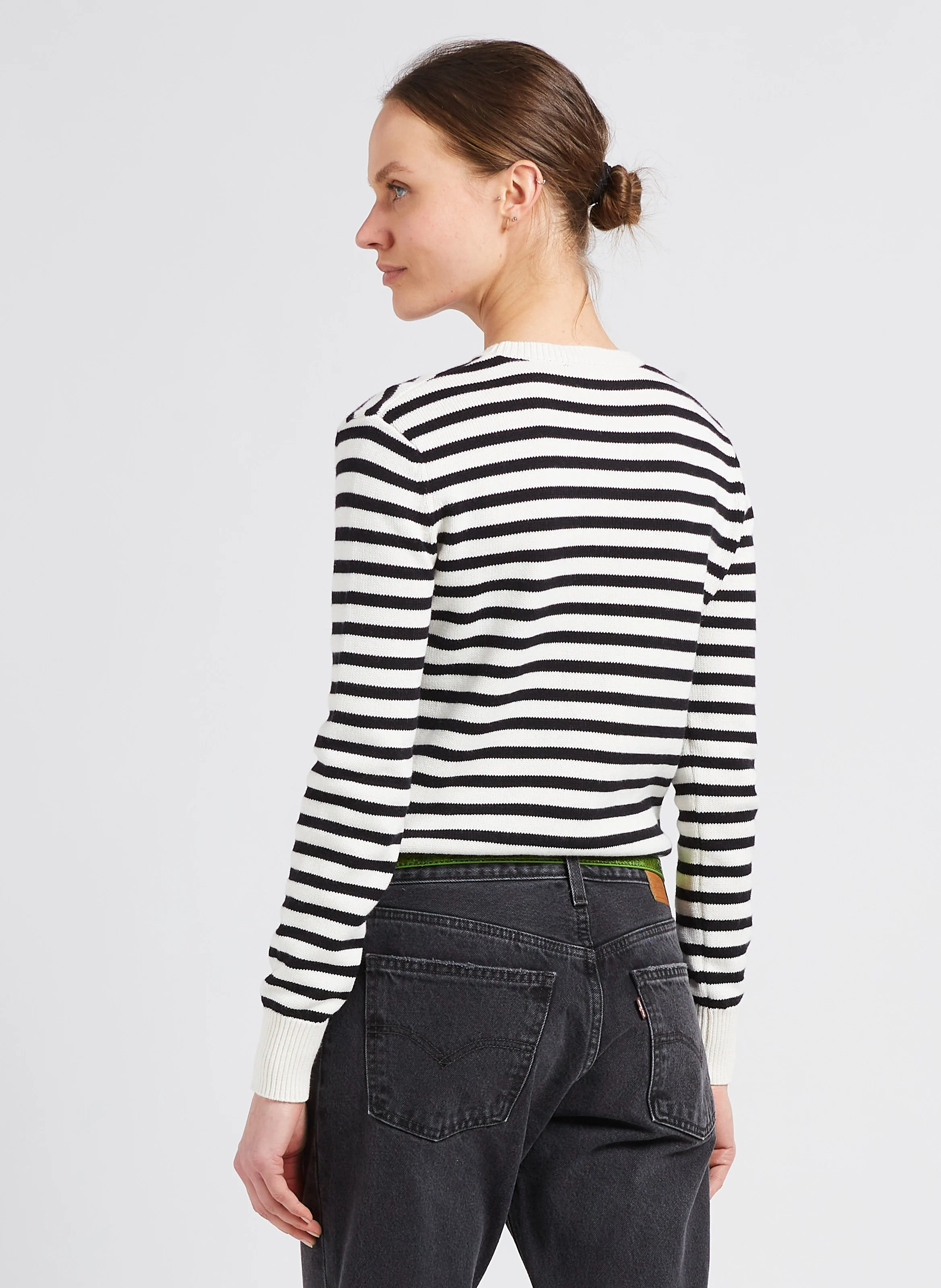 Pull col rond rayé en coton et cachemire | Noir