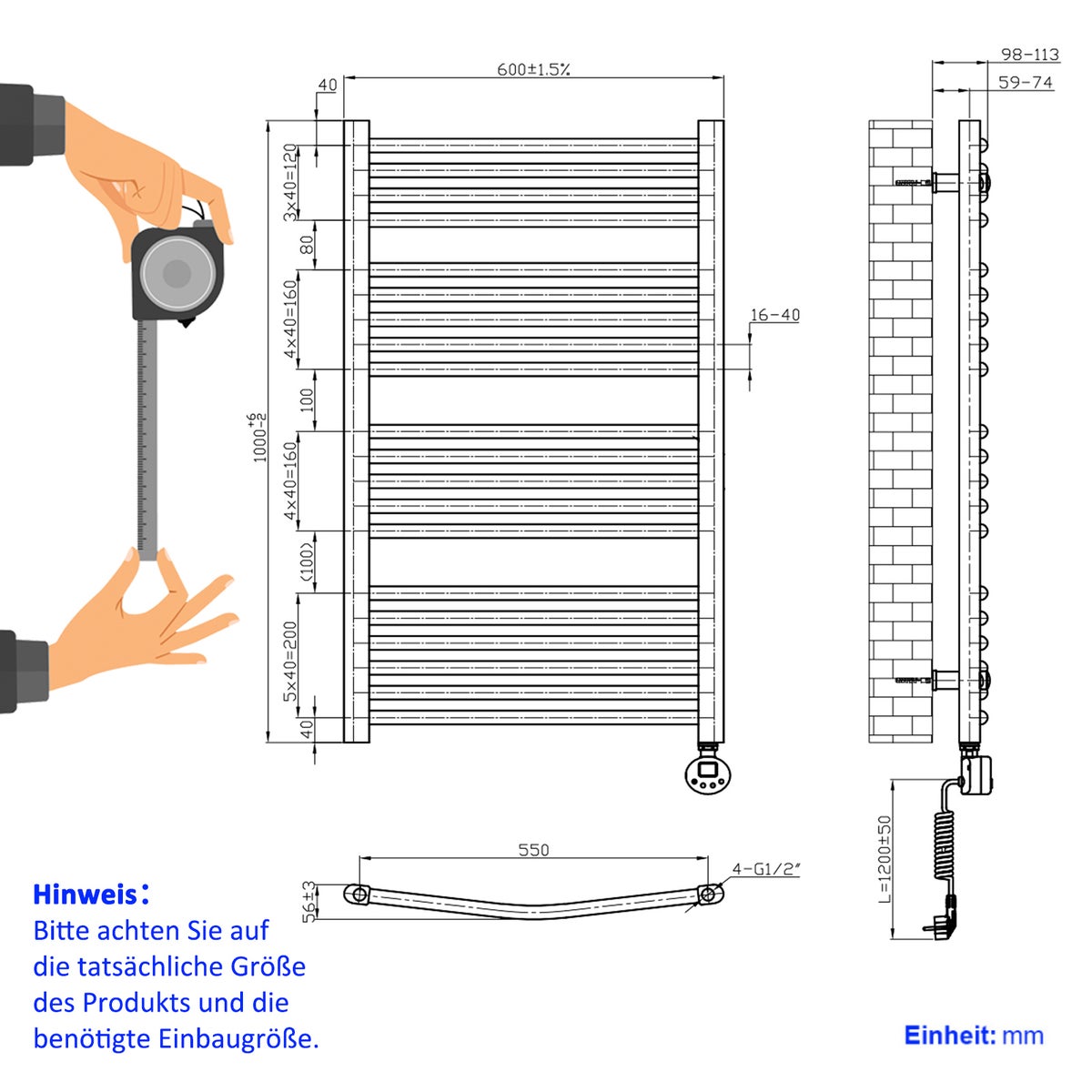 EMKE Elektrische Badkamerradiator Handdoekwarmer met Thermostaat Gebogen 100x60cm 500 Watt Witte Handdoekdroger Handdoekradiator Badkamer