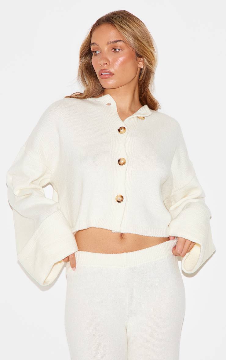 Crème Pantalon En Maille À Ourlet Retroussé