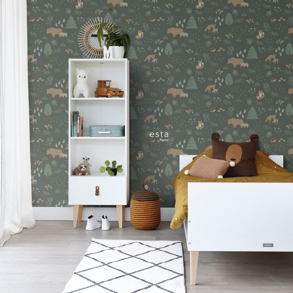 Estahome Bos Met Bosdieren Behang II - 0,53 x 10,05 m - Vergrijsd Blauw