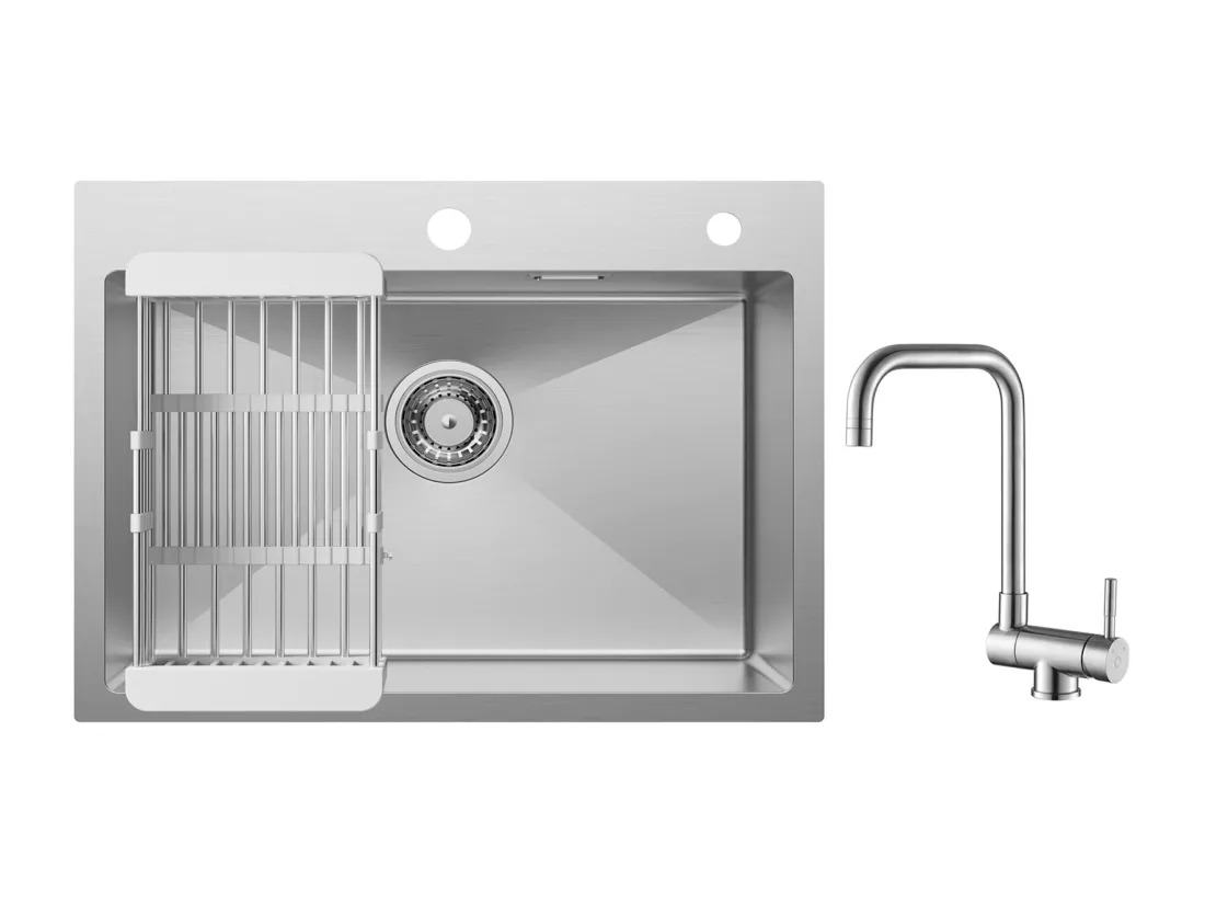 Cecipa max Évier Cuisine 1 Bac 60×45×18CM Évier Inox Brossé avec Panier de Drainage + Robinet Cuisine Rabattable Mitigeur de Evier Repliable Brossé