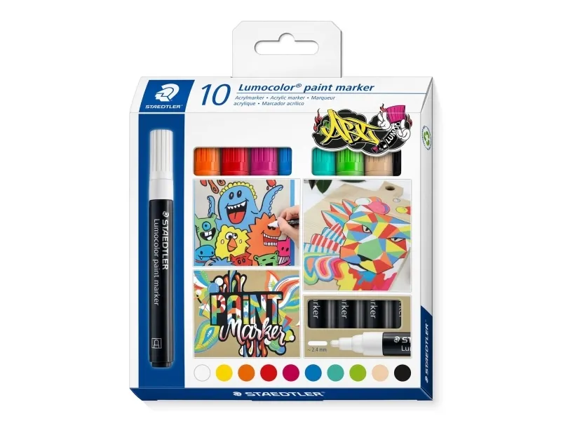 Staedtler 349 C10, Beige, Sort, Blå, Grøn, Orange, Lyserød, Rød, Turkis, Hvid, Gul, Rød, Beige, Sort, Blå, Turkis, Grøn, Orange, Hvid, Gul, Lyserød, 10 farver, Projektilspids, Rund, 2,4 mm
