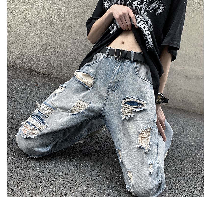 Koiyua - Hoge taille, versleten, losse jeans