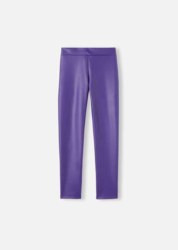 Calças legging térmicas com efeito de couro para meninas