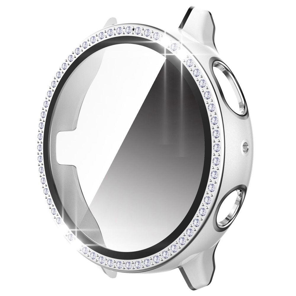 Samsung Galaxy Watch Active 2 (44mm) Galvanisierte Glitzer Strass Bumper Hülle   Display Schutzglas - Weiss / Silber