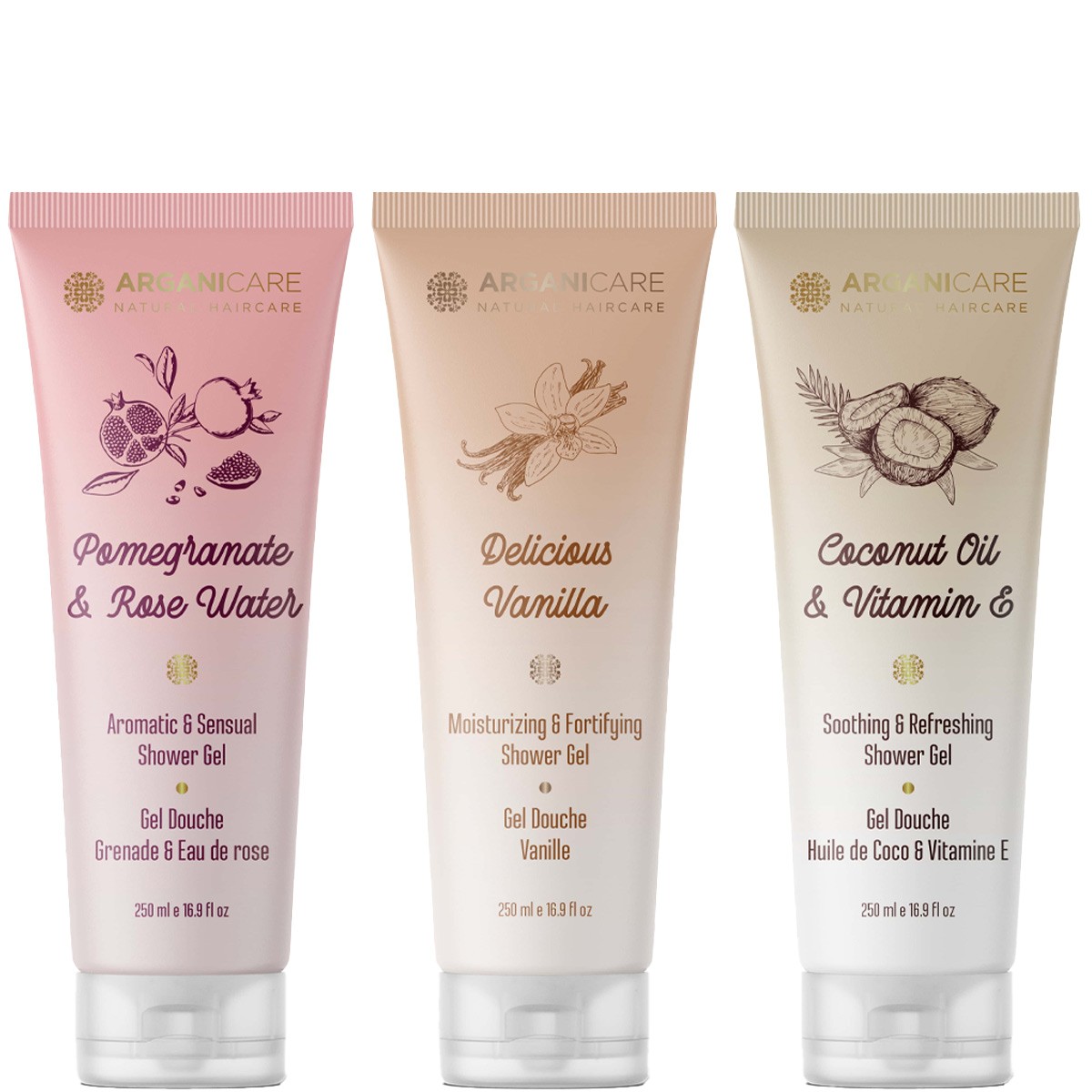 Gels douche hydratants - Eau de rose, noix de coco & vanille - 3 x 250 ml