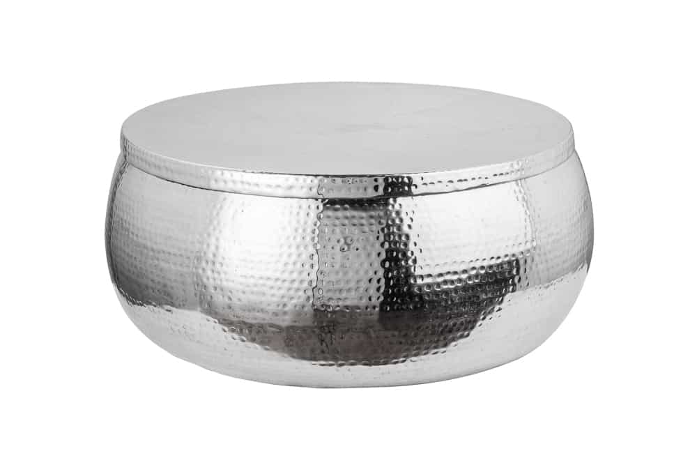 Runder Couchtisch ORIENT STORAGE 70cm silber Metall mit Stauraum Hammerschlag Design handmade