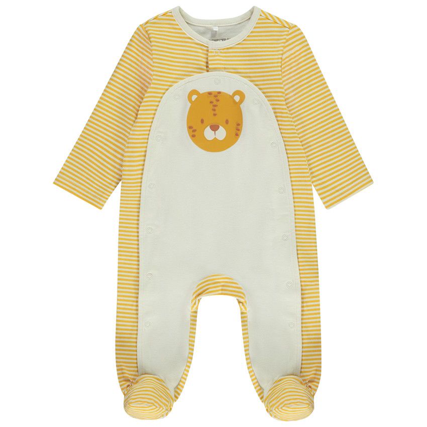 Dors-bien rayé avec print fantaisie tête de tigre pour bébé garçon - Ecru