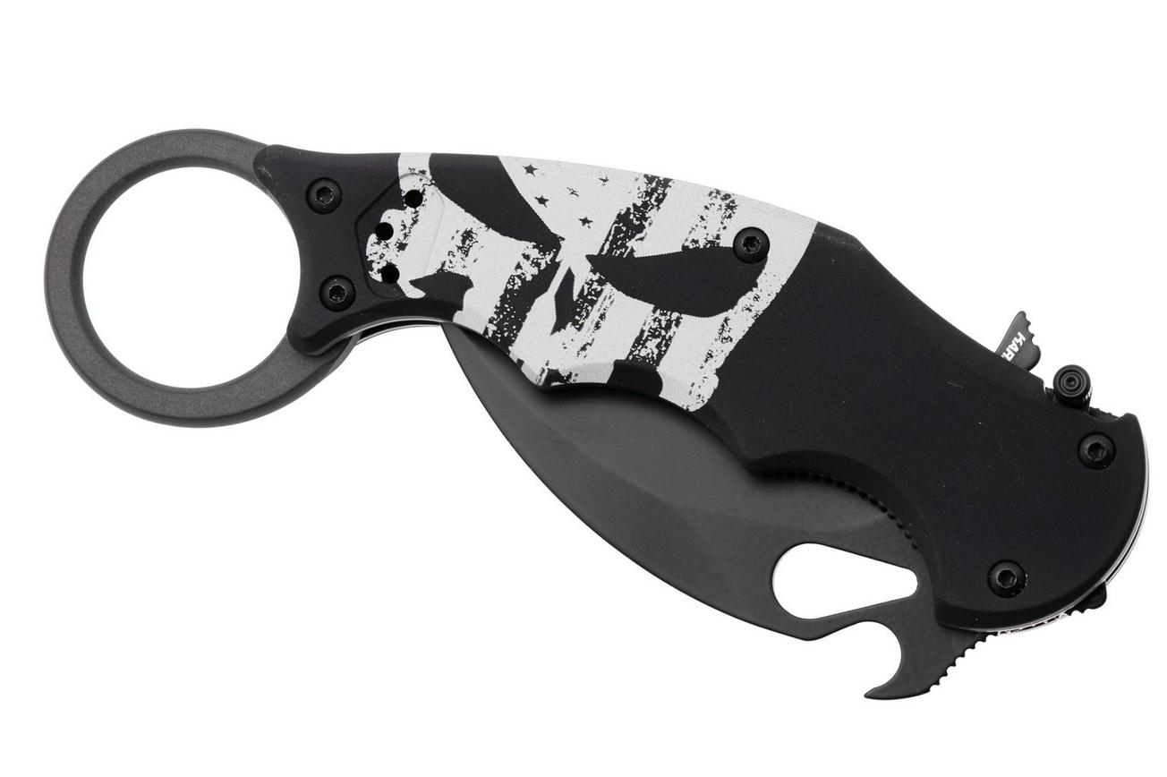 Fox FX-599 ALB-4 Skull, Black Idroglider Böhler N690Co, Engraved Aluminum, karambitmes