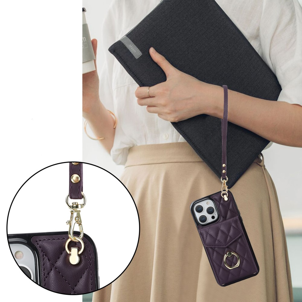 iPhone 15 Pro Max Necklace Leder Hülle mit Kartenfächer   Finger Griff Halterung   Handykette (RFID Schutz) - Violett
