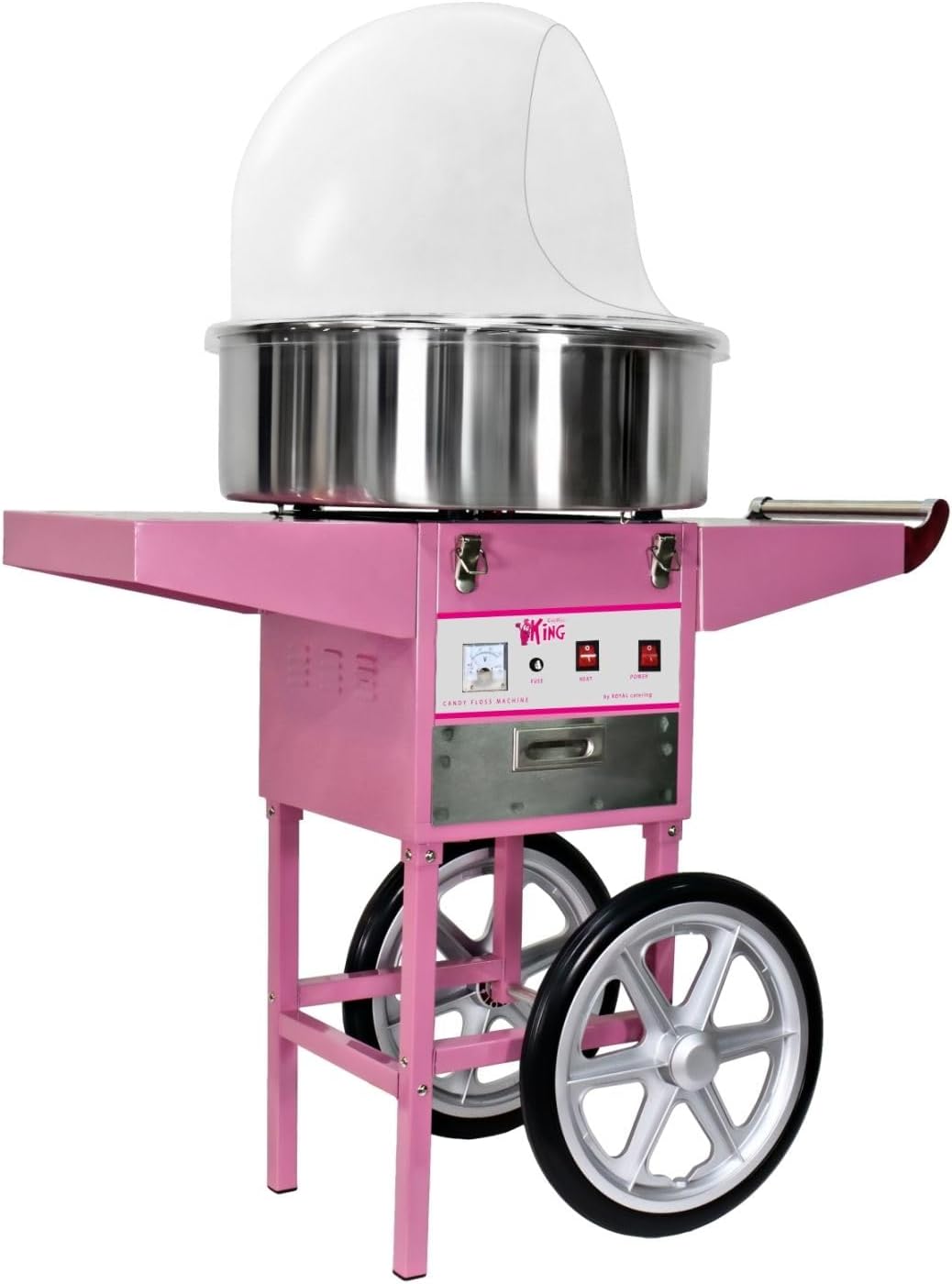 Royal Catering Professionelle Zuckerwattemaschine mit Wagen, Ablagen, Schublade und Spuckschutz 52 cm 1200 W Edelstahl LCD in auffälligem Pink Zuckerwattegerät Cotton Candy Machine