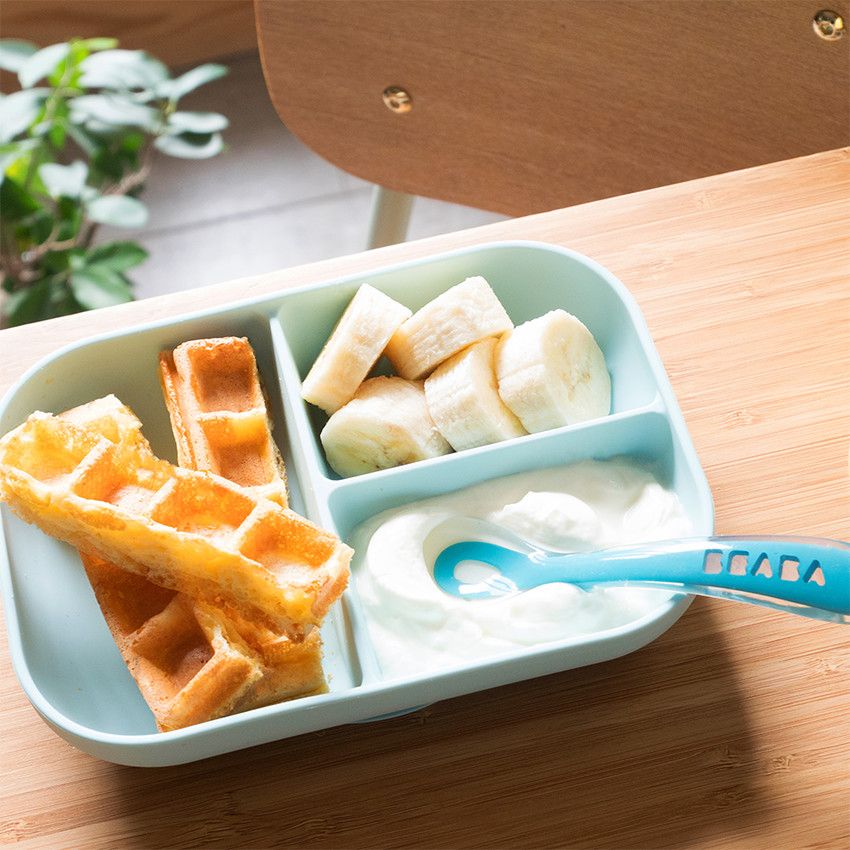 Set repas compartimenté en silicone avec ventouse - Bleu - Ecru