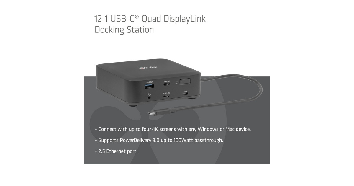 Club 3D12-1 USB-C® Quad DisplayLink Dockingstation  (Zwart)