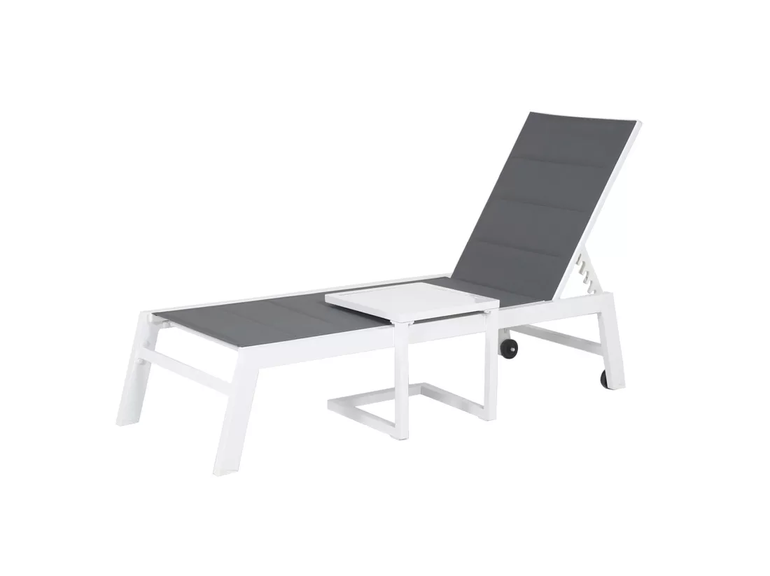 Set bain de soleil et table d'appoint BARBADOS en textilène gris - aluminium blanc - HAPPY GARDEN