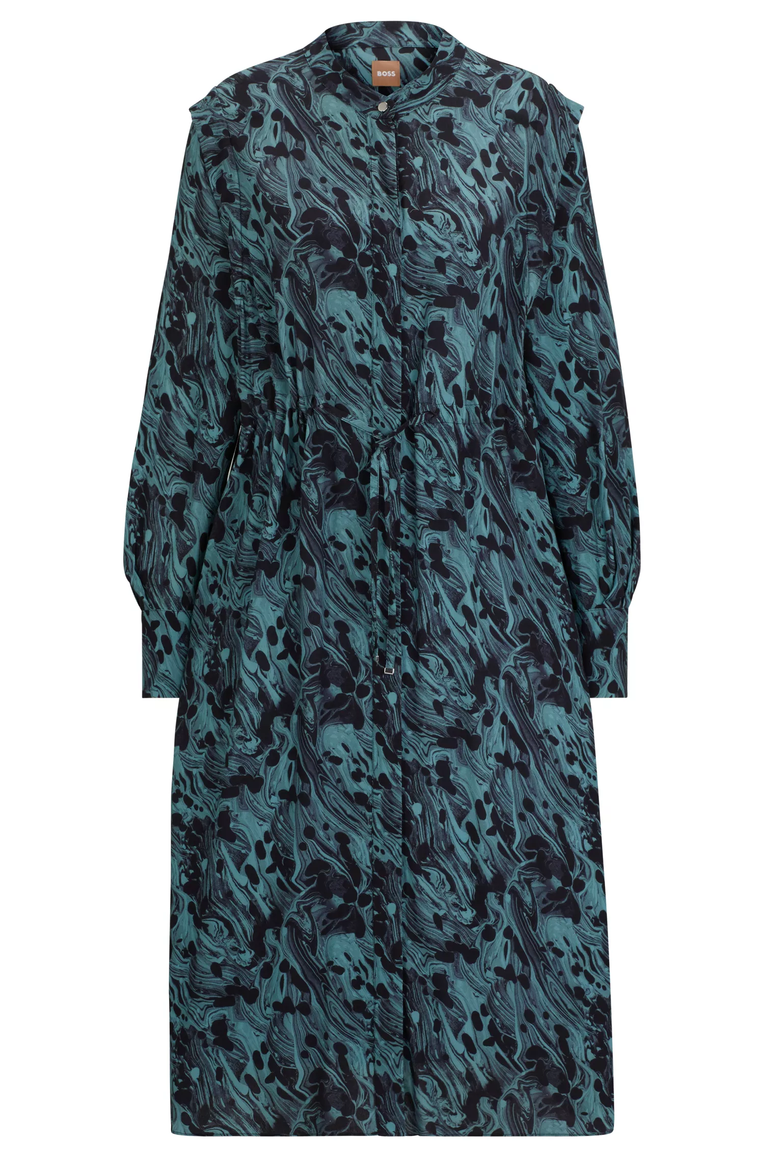 Vestido BOSS preto com estampa abstrata e cintura ajustável por cordão.