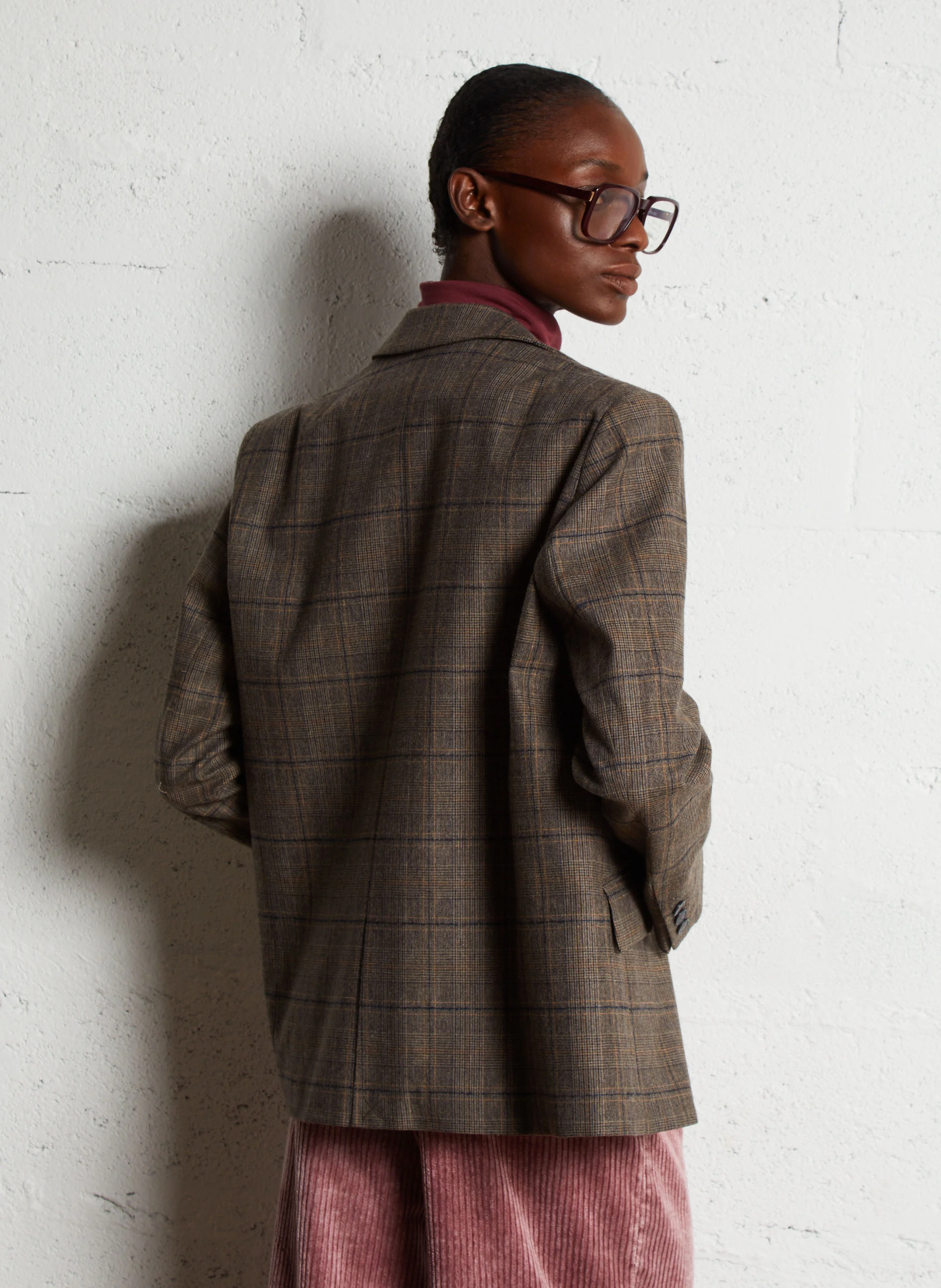 CEECEE - Veste droite col tailleur motif Prince de Galles | Marron